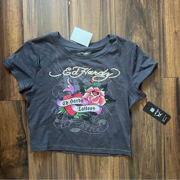 BNWT Ed Hardy Tattoo Rose Graphic Crop T-Shirt Grey Rhinestone Y2K Size M - Picture 2 of 8